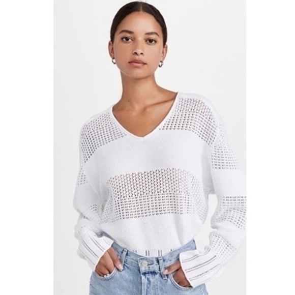 rag & bone Sweaters - Rag & Bone Faye White Sweater Open Knit Stripe V-Neck Size S Small